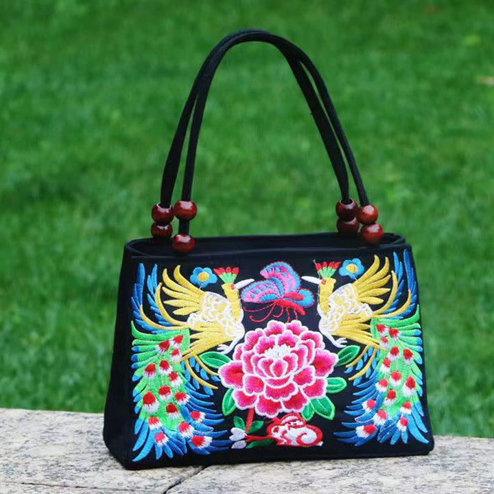 Buddha Stones Galsang Inula Fiore Peonia Pavone Ricamo Fronte-Retro Tela Borsa per la Spesa Borsa a Mano
