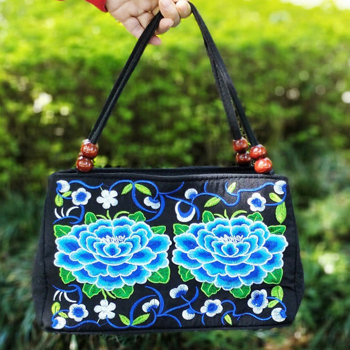 Buddha Stones Galsang Inula Fiore Peonia Pavone Ricamo Fronte-Retro Tela Borsa per la Spesa Borsa a Mano