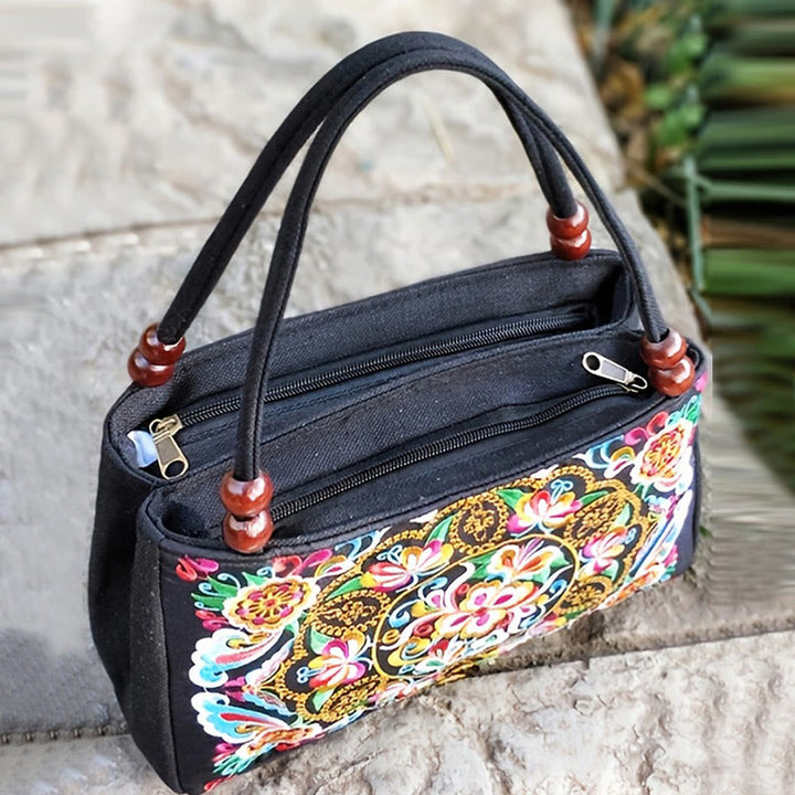 Buddha Stones Galsang Inula Fiore Peonia Pavone Ricamo Fronte-Retro Tela Borsa per la Spesa Borsa a Mano