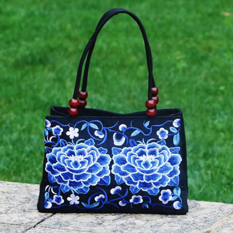 Buddha Stones Galsang Inula Fiore Peonia Pavone Ricamo Fronte-Retro Tela Borsa per la Spesa Borsa a Mano