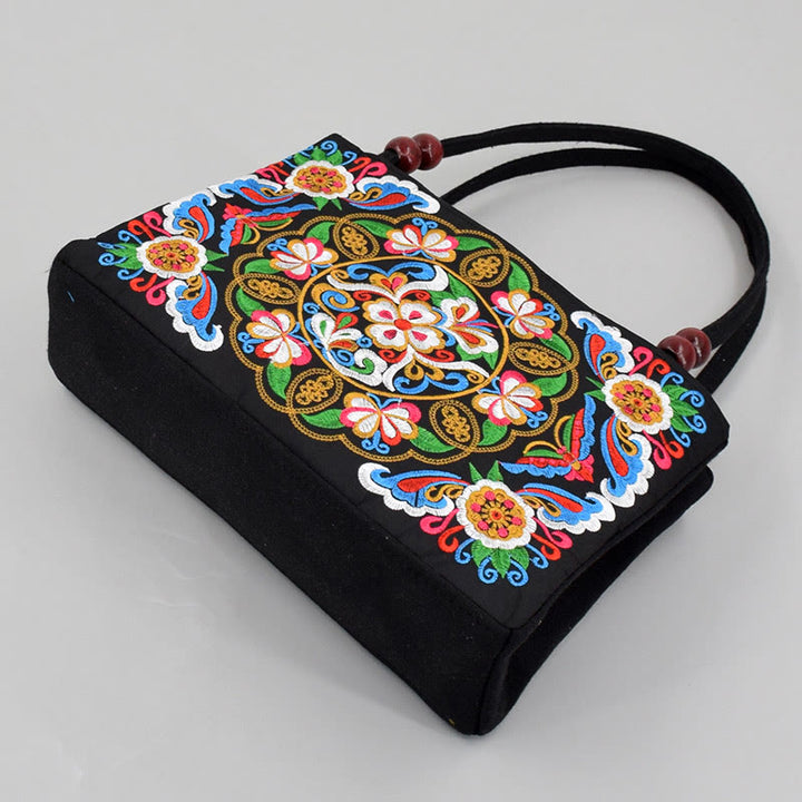 Buddha Stones Galsang Inula Fiore Peonia Pavone Ricamo Fronte-Retro Tela Borsa per la Spesa Borsa a Mano