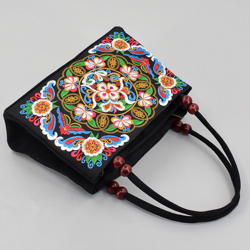 Buddha Stones Galsang Inula Fiore Peonia Pavone Ricamo Fronte-Retro Tela Borsa per la Spesa Borsa a Mano