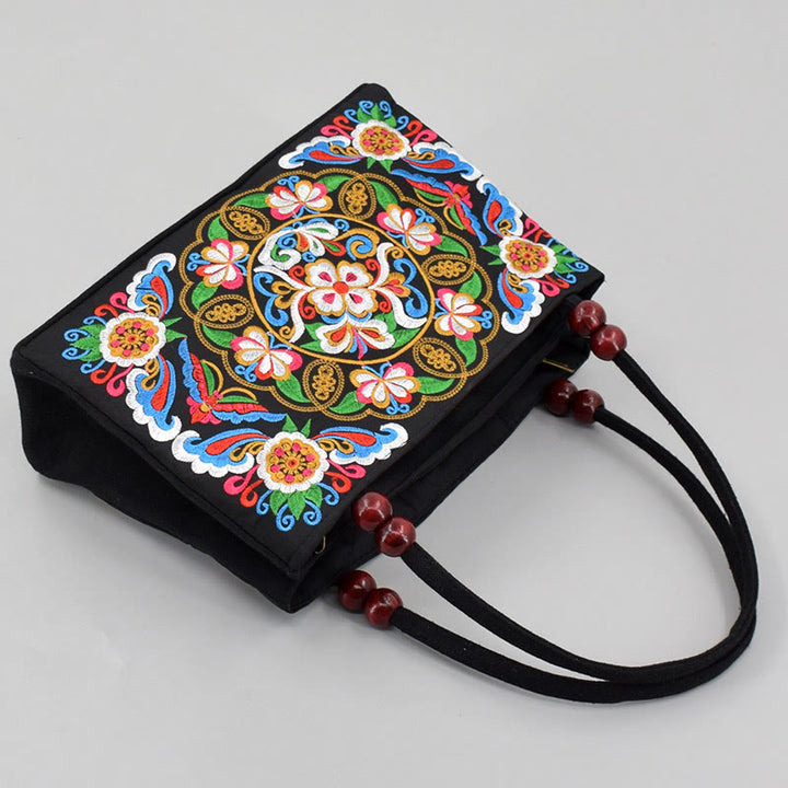 Buddha Stones Galsang Inula Fiore Peonia Pavone Ricamo Fronte-Retro Tela Borsa per la Spesa Borsa a Mano