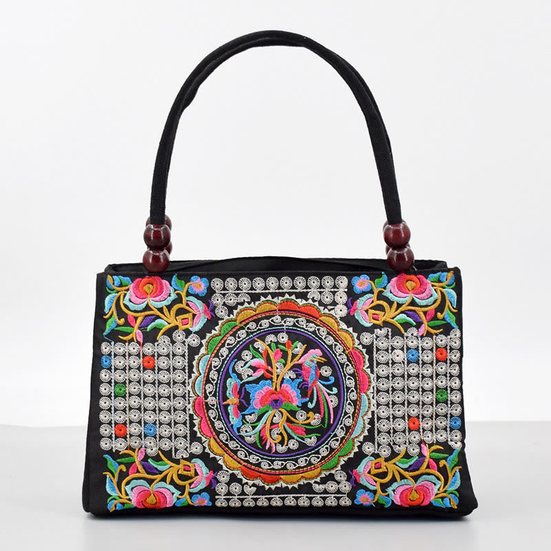 Buddha Stones Galsang Inula Fiore Peonia Pavone Ricamo Fronte-Retro Tela Borsa per la Spesa Borsa a Mano