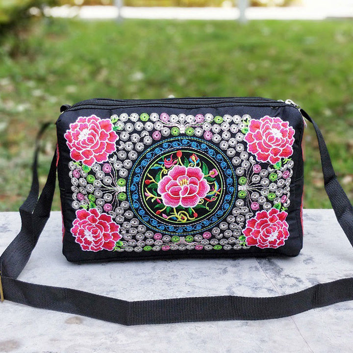 Buddha Stones Galsang Inula Fiore Peonia Pavone Ricamo Fronte-Retro Tela Borsa Shopping Borsa A Tracolla
