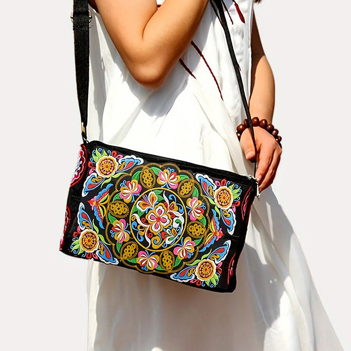 Buddha Stones Galsang Inula Fiore Peonia Pavone Ricamo Fronte-Retro Tela Borsa Shopping Borsa A Tracolla