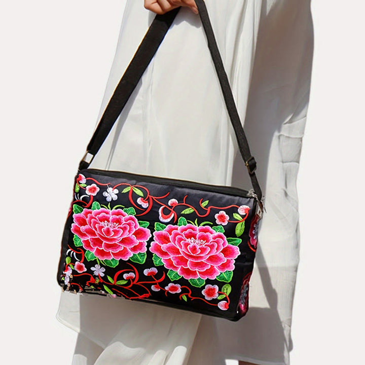 Buddha Stones Galsang Inula Fiore Peonia Pavone Ricamo Fronte-Retro Tela Borsa Shopping Borsa A Tracolla