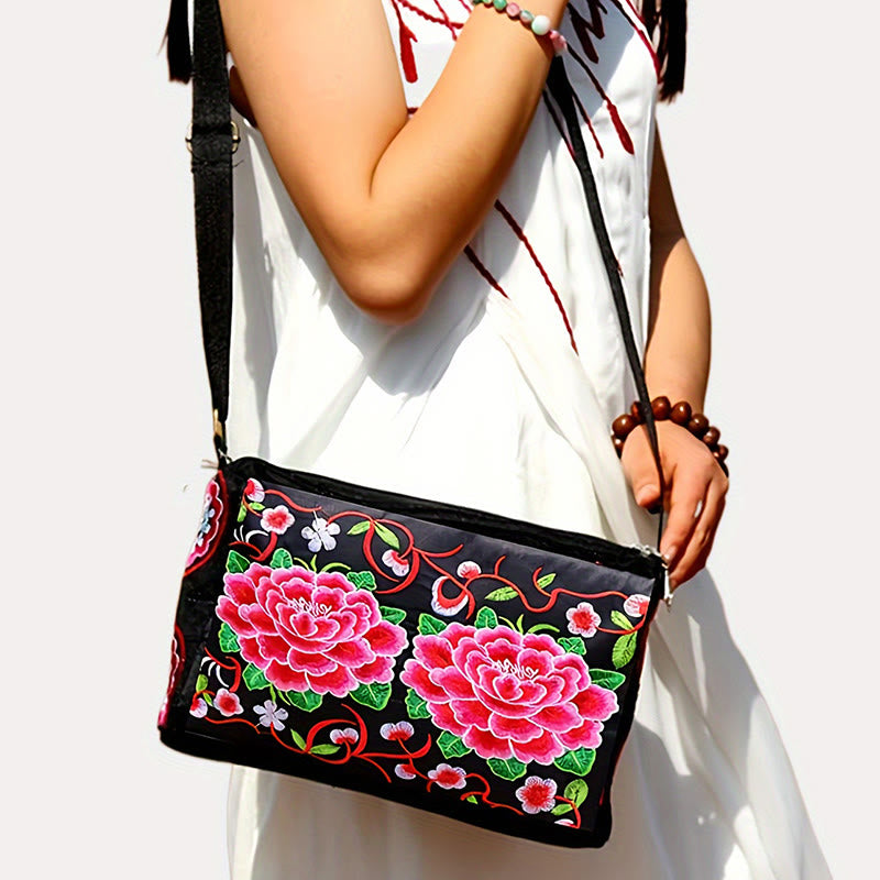 Buddha Stones Galsang Inula Fiore Peonia Pavone Ricamo Fronte-Retro Tela Borsa Shopping Borsa A Tracolla