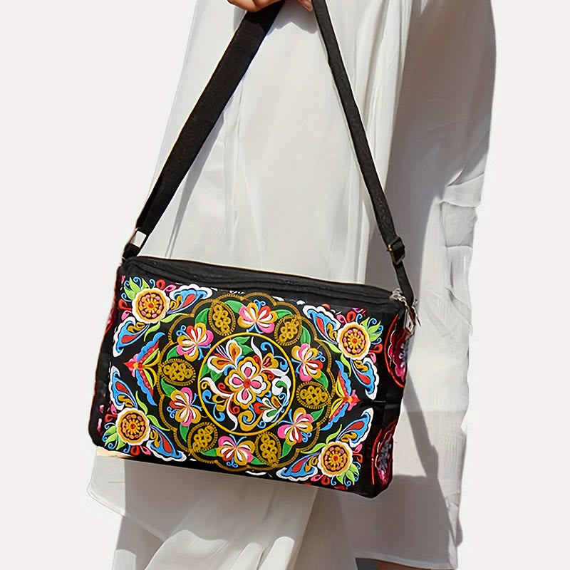 Buddha Stones Galsang Inula Fiore Peonia Pavone Ricamo Fronte-Retro Tela Borsa Shopping Borsa A Tracolla
