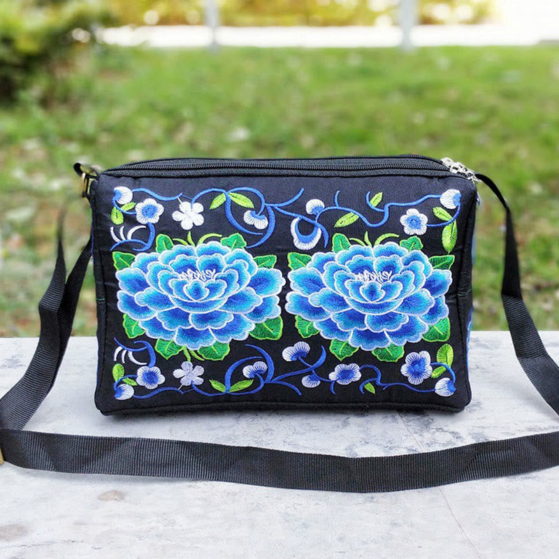 Buddha Stones Galsang Inula Fiore Peonia Pavone Ricamo Fronte-Retro Tela Borsa Shopping Borsa A Tracolla