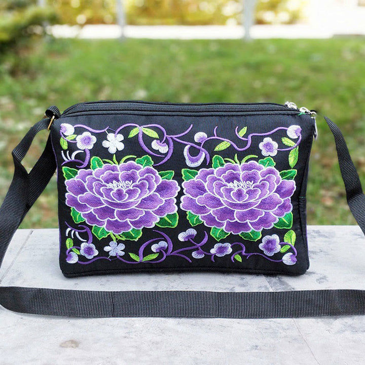 Buddha Stones Galsang Inula Fiore Peonia Pavone Ricamo Fronte-Retro Tela Borsa Shopping Borsa A Tracolla