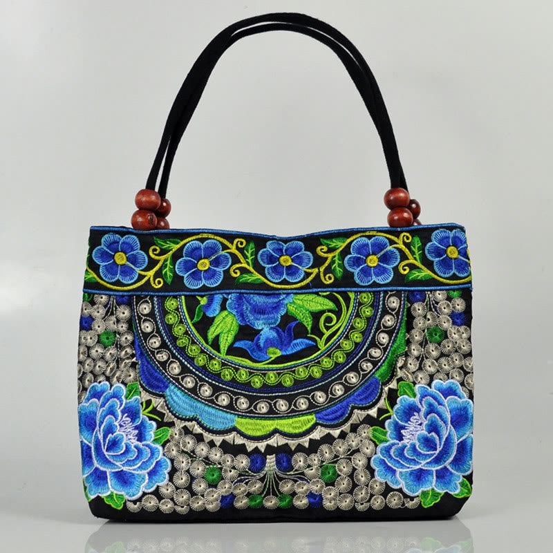Buddha Stones Money Tree Peony Phoenix Apple Blossom Borsa a mano in tela di cotone con ricamo bifacciale