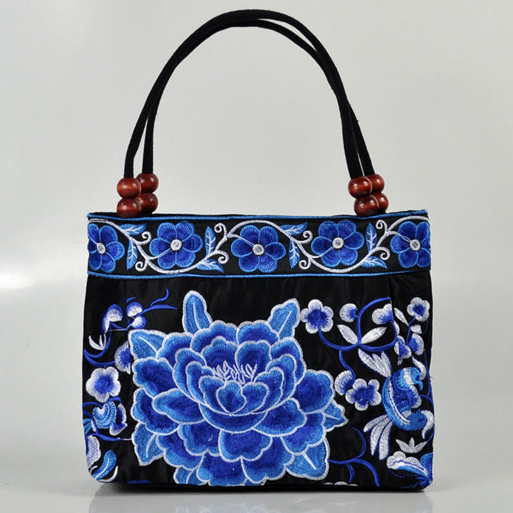 Buddha Stones Money Tree Peony Phoenix Apple Blossom Borsa a mano in tela di cotone con ricamo bifacciale