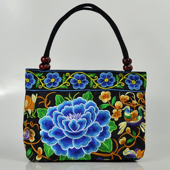 Buddha Stones Money Tree Peony Phoenix Apple Blossom Borsa a mano in tela di cotone con ricamo bifacciale