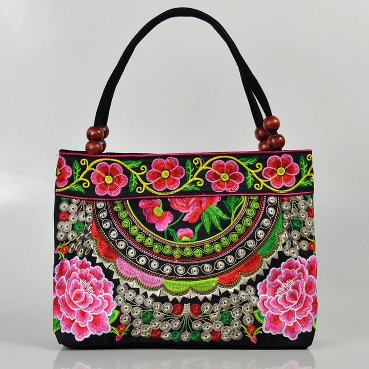 Buddha Stones Money Tree Peony Phoenix Apple Blossom Borsa a mano in tela di cotone con ricamo bifacciale