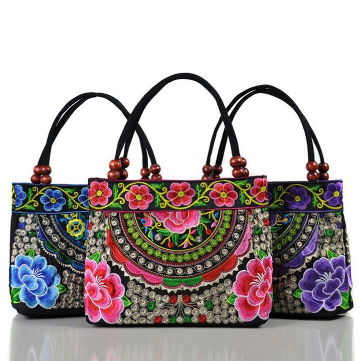 Buddha Stones Money Tree Peony Phoenix Apple Blossom Borsa a mano in tela di cotone con ricamo bifacciale