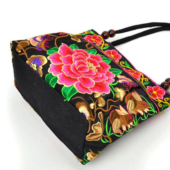 Buddha Stones Money Tree Peony Phoenix Apple Blossom Borsa a mano in tela di cotone con ricamo bifacciale