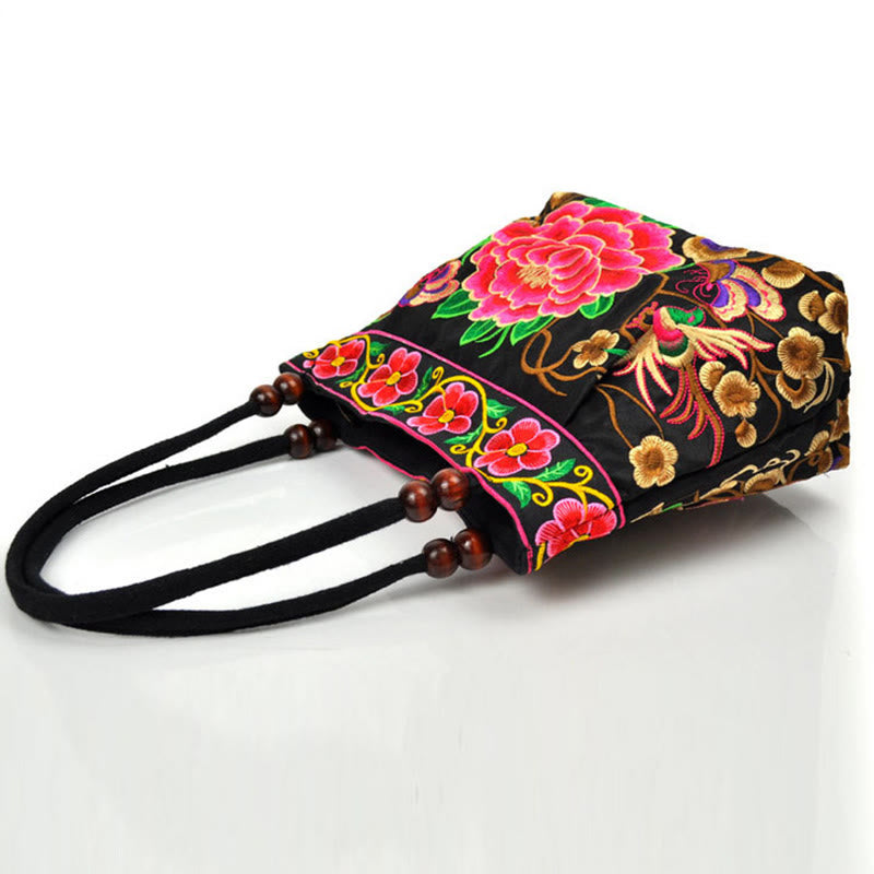 Buddha Stones Money Tree Peony Phoenix Apple Blossom Borsa a mano in tela di cotone con ricamo bifacciale