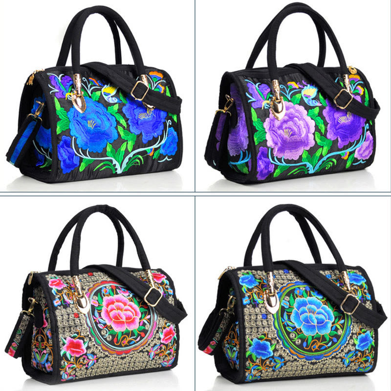 Buddha Stones Money Tree Peonia Camelia Ricamo bifacciale Borsa a mano Borsa a tracolla in tela
