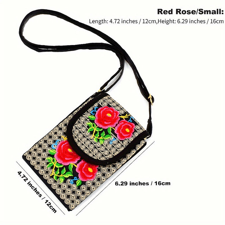 Zaino in tela con ricamo a forma di fiore di Inula con pietre Buddha Stones e rosa, borsa a tracolla