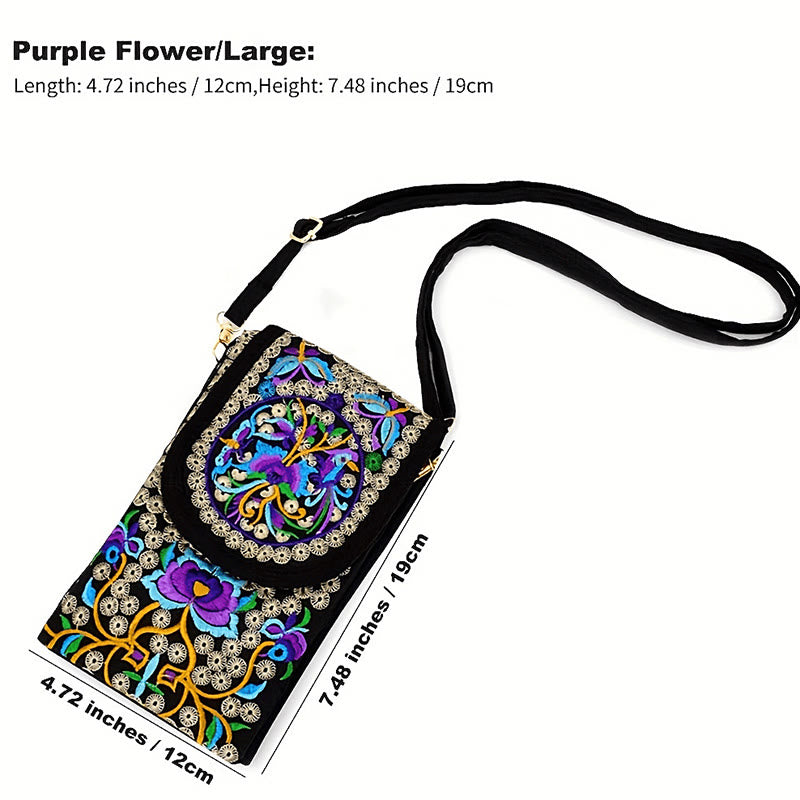 Zaino in tela con ricamo a forma di fiore di Inula con pietre Buddha Stones e rosa, borsa a tracolla