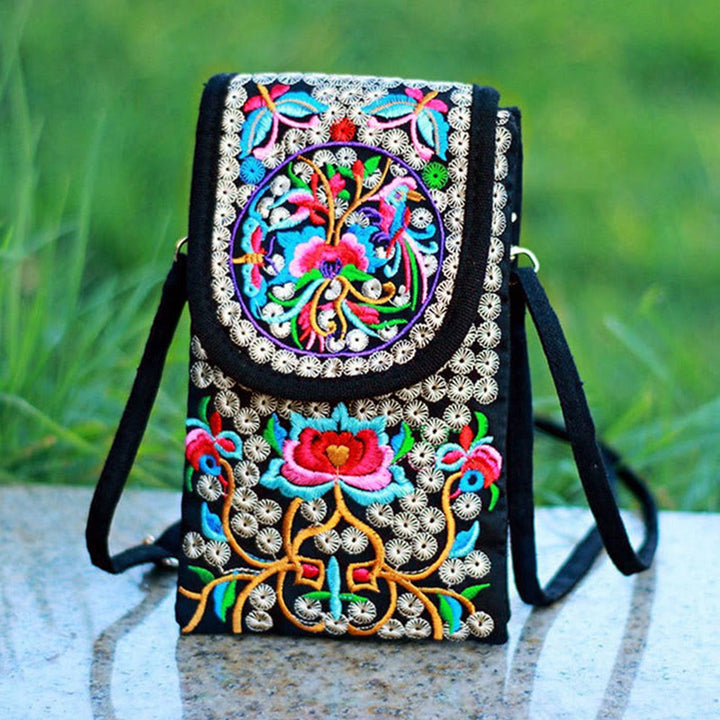 Zaino in tela con ricamo a forma di fiore di Inula con pietre Buddha Stones e rosa, borsa a tracolla