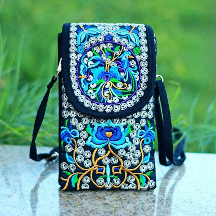 Zaino in tela con ricamo a forma di fiore di Inula con pietre Buddha Stones e rosa, borsa a tracolla