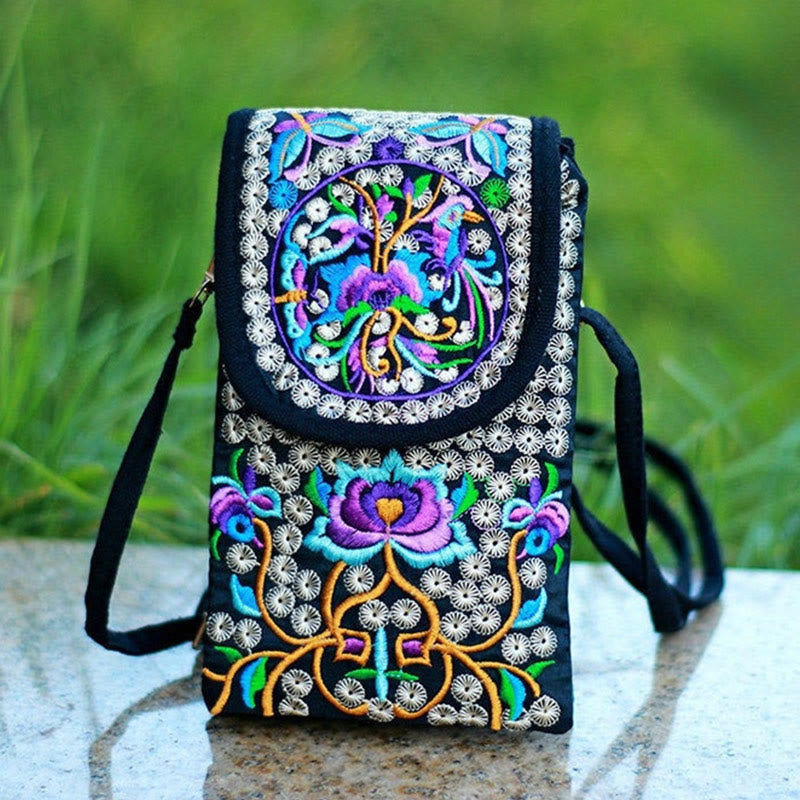 Zaino in tela con ricamo a forma di fiore di Inula con pietre Buddha Stones e rosa, borsa a tracolla