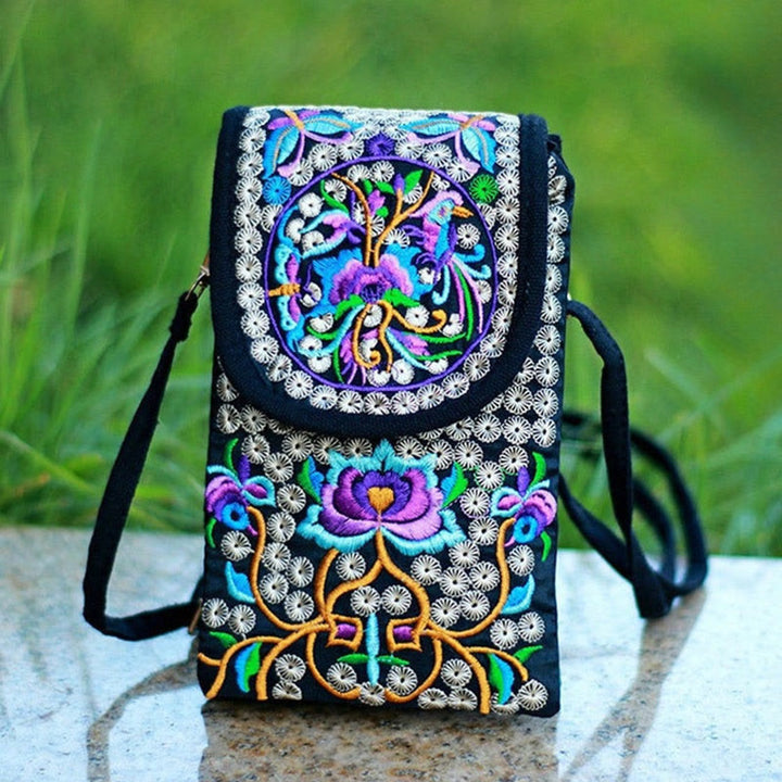 Zaino in tela con ricamo a forma di fiore di Inula con pietre Buddha Stones e rosa, borsa a tracolla
