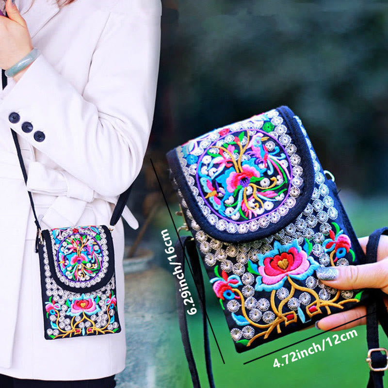 Zaino in tela con ricamo a forma di fiore di Inula con pietre Buddha Stones e rosa, borsa a tracolla