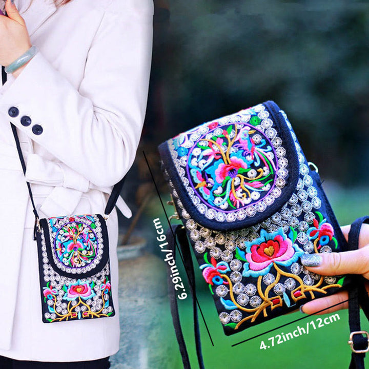 Zaino in tela con ricamo a forma di fiore di Inula con pietre Buddha Stones e rosa, borsa a tracolla