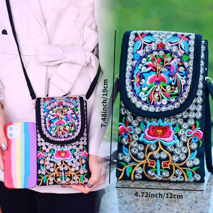 Zaino in tela con ricamo a forma di fiore di Inula con pietre Buddha Stones e rosa, borsa a tracolla