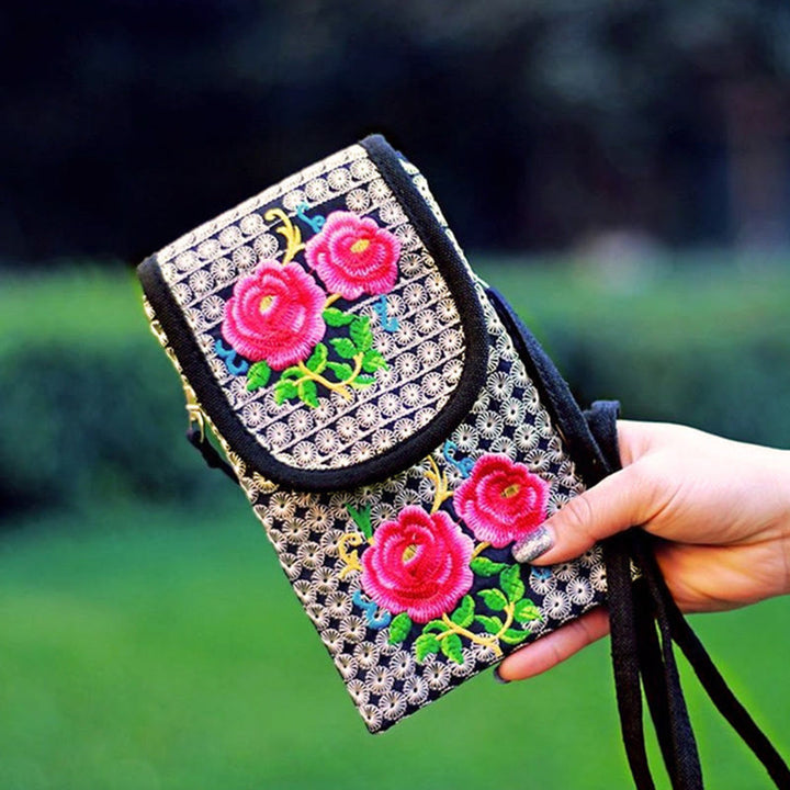 Zaino in tela con ricamo a forma di fiore di Inula con pietre Buddha Stones e rosa, borsa a tracolla