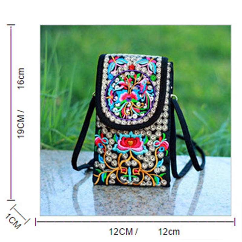 Zaino in tela con ricamo a forma di fiore di Inula con pietre Buddha Stones e rosa, borsa a tracolla