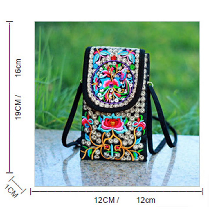 Zaino in tela con ricamo a forma di fiore di Inula con pietre Buddha Stones e rosa, borsa a tracolla