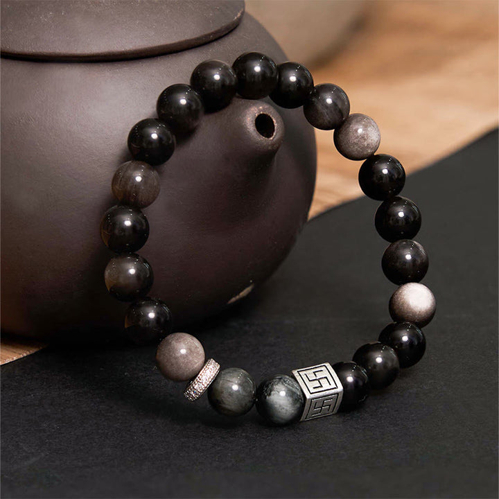 Braccialetto di forza e coraggio in ossidiana nera con occhio d'aquila di Buddha Stones