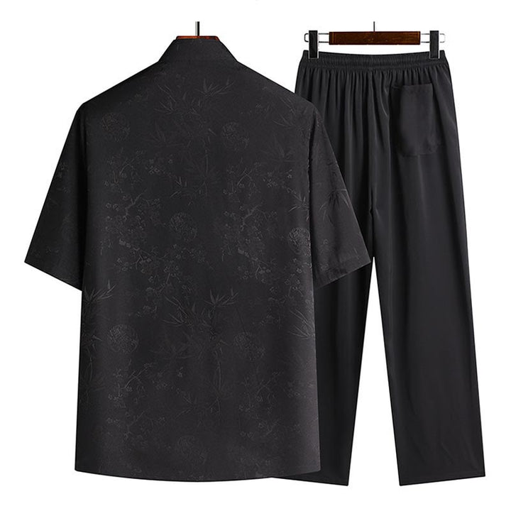 Buddha Stones Bambù Fiore di pesco Tang Suit Hanfu Tradizionale Uniforme Manica Corta Top Pantaloni Abbigliamento Uomo Set