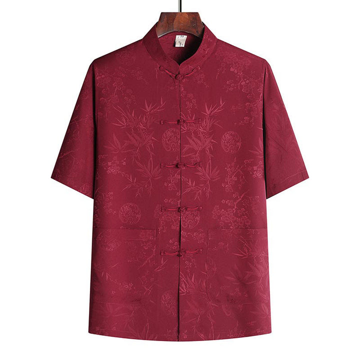 Buddha Stones Bambù Fiore di pesco Tang Suit Hanfu Tradizionale Uniforme Manica Corta Top Pantaloni Abbigliamento Uomo Set - Top rosso - US/UK/AU42, EU52 (3XL) - image 6