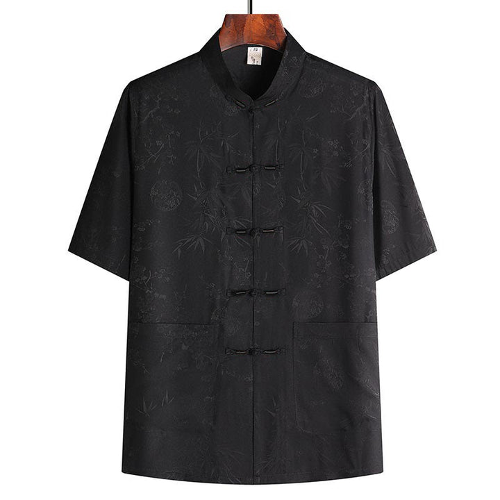 Buddha Stones Bambù Fiore di pesco Tang Suit Hanfu Tradizionale Uniforme Manica Corta Top Pantaloni Abbigliamento Uomo Set - Black Top - US/UK/AU42, EU52 (3XL) - image 8