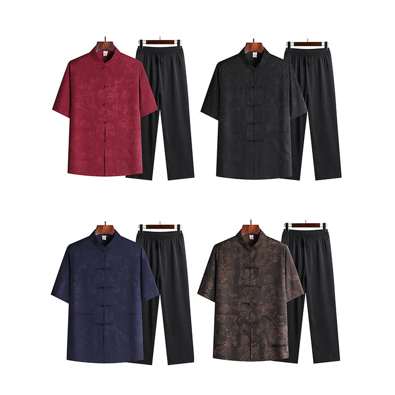 Buddha Stones Bambù Fiore di pesco Tang Suit Hanfu Tradizionale Uniforme Manica Corta Top Pantaloni Abbigliamento Uomo Set