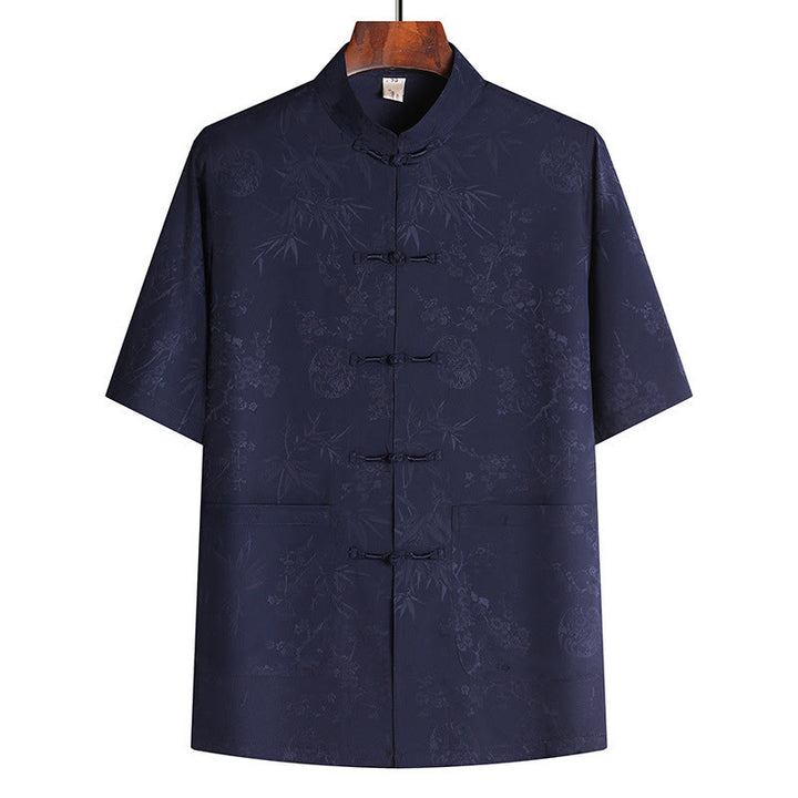Buddha Stones Bambù Fiore di pesco Tang Suit Hanfu Tradizionale Uniforme Manica Corta Top Pantaloni Abbigliamento Uomo Set - Top blu navy - US/UK/AU42, EU52 (3XL) - image 7