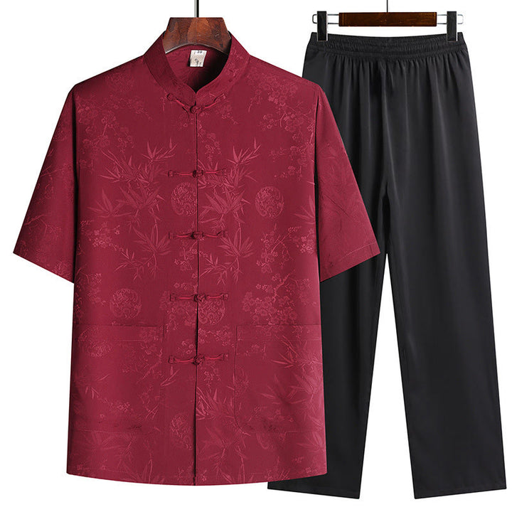Buddha Stones Bambù Fiore di pesco Tang Suit Hanfu Tradizionale Uniforme Manica Corta Top Pantaloni Abbigliamento Uomo Set - Rosso (top e pantaloni) - US/UK/AU42, EU52 (3XL) - image 1