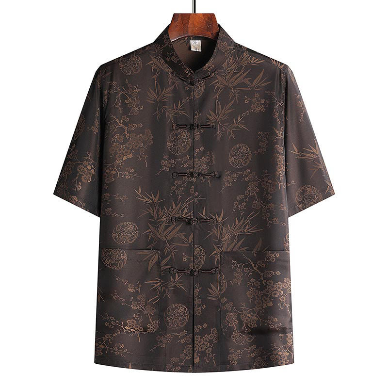 Buddha Stones Bambù Fiore di pesco Tang Suit Hanfu Tradizionale Uniforme Manica Corta Top Pantaloni Abbigliamento Uomo Set - Marrone Top - US/UK/AU42, EU52 (3XL) - image 5