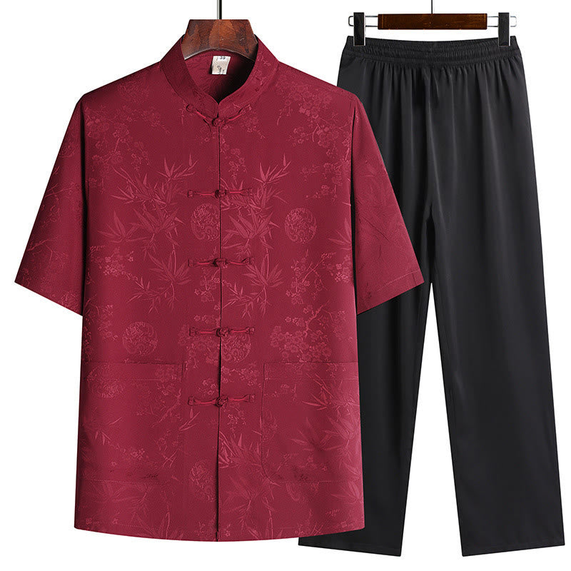 Buddha Stones Bambù Fiore di pesco Tang Suit Hanfu Tradizionale Uniforme Manica Corta Top Pantaloni Abbigliamento Uomo Set - Rosso (maglietta e pantaloni) - US/UK/AU42, EU52 (3XL) - image 1