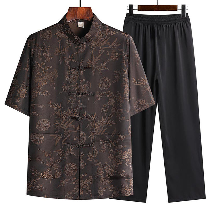 Buddha Stones Bambù Fiore di pesco Tang Suit Hanfu Tradizionale Uniforme Manica Corta Top Pantaloni Abbigliamento Uomo Set - Marrone (maglietta e pantaloni) - US/UK/AU42, EU52 (3XL) - image 0