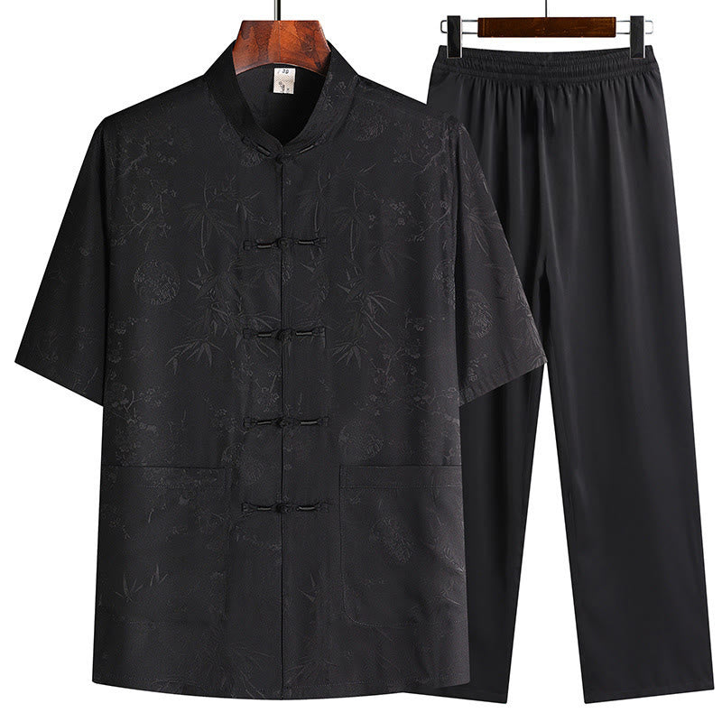 Buddha Stones Bambù Fiore di pesco Tang Suit Hanfu Tradizionale Uniforme Manica Corta Top Pantaloni Abbigliamento Uomo Set - Nero (Top e pantaloni) - US/UK/AU42, EU52 (3XL) - image 2