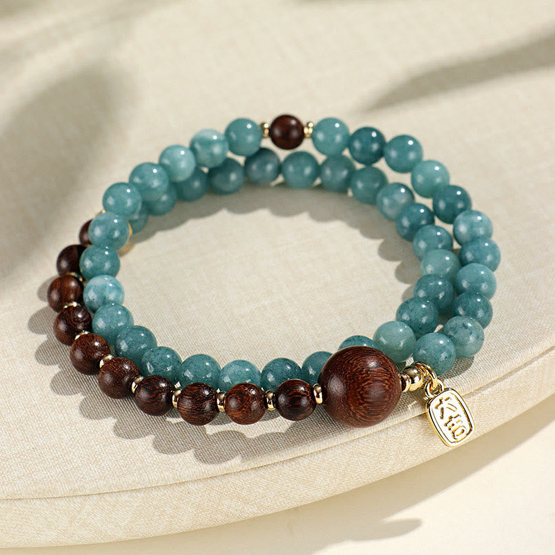 Braccialetto di equilibrio emozionale a doppio giro Buddha Stones Calcedonio blu Sandalo verde Foglia piccola Sandalo rosso