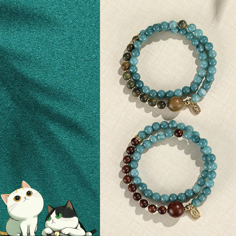 Braccialetto di equilibrio emozionale a doppio giro Buddha Stones Calcedonio blu Sandalo verde Foglia piccola Sandalo rosso