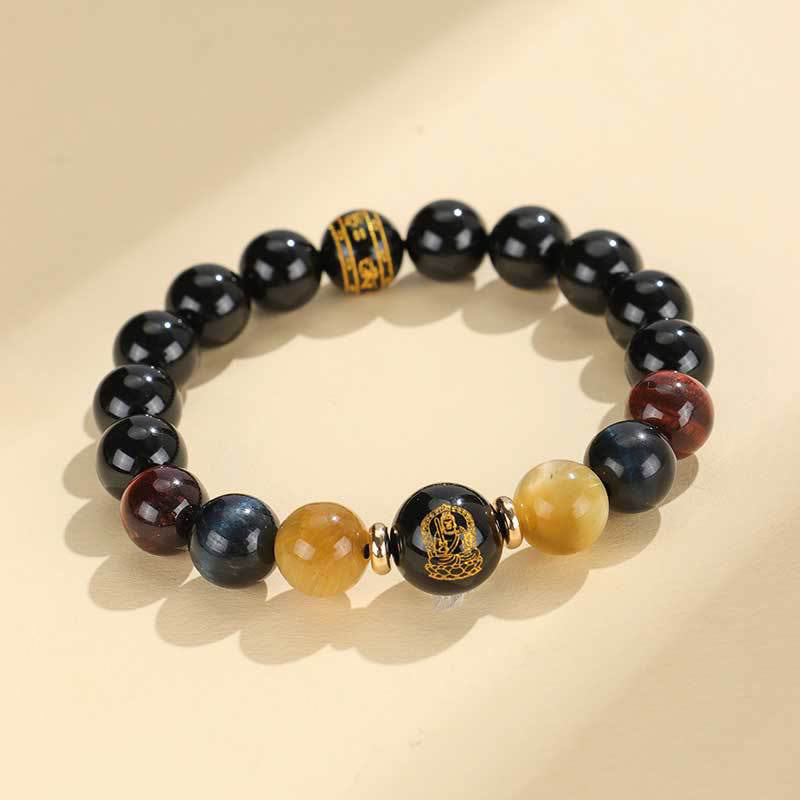 Buddha Stones Onice nero Occhio di tigre Om Mani Padme Hum Zodiaco cinese Braccialetto di supporto del Buddha di Natale