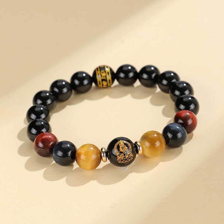 Buddha Stones Onice nero Occhio di tigre Om Mani Padme Hum Zodiaco cinese Braccialetto di supporto del Buddha di Natale